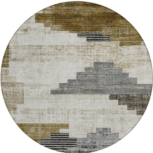 HomeRoots 8' Round Geometric Area Rug in Brown, Beige & Charcoal - Durable, Washable for Indoor & Outdoor Use 621906