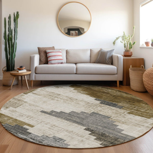 HomeRoots 8' Round Geometric Area Rug in Brown, Beige & Charcoal - Durable, Washable for Indoor & Outdoor Use 621906