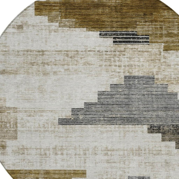 HomeRoots 8' Round Geometric Area Rug in Brown, Beige & Charcoal - Durable, Washable for Indoor & Outdoor Use 621906