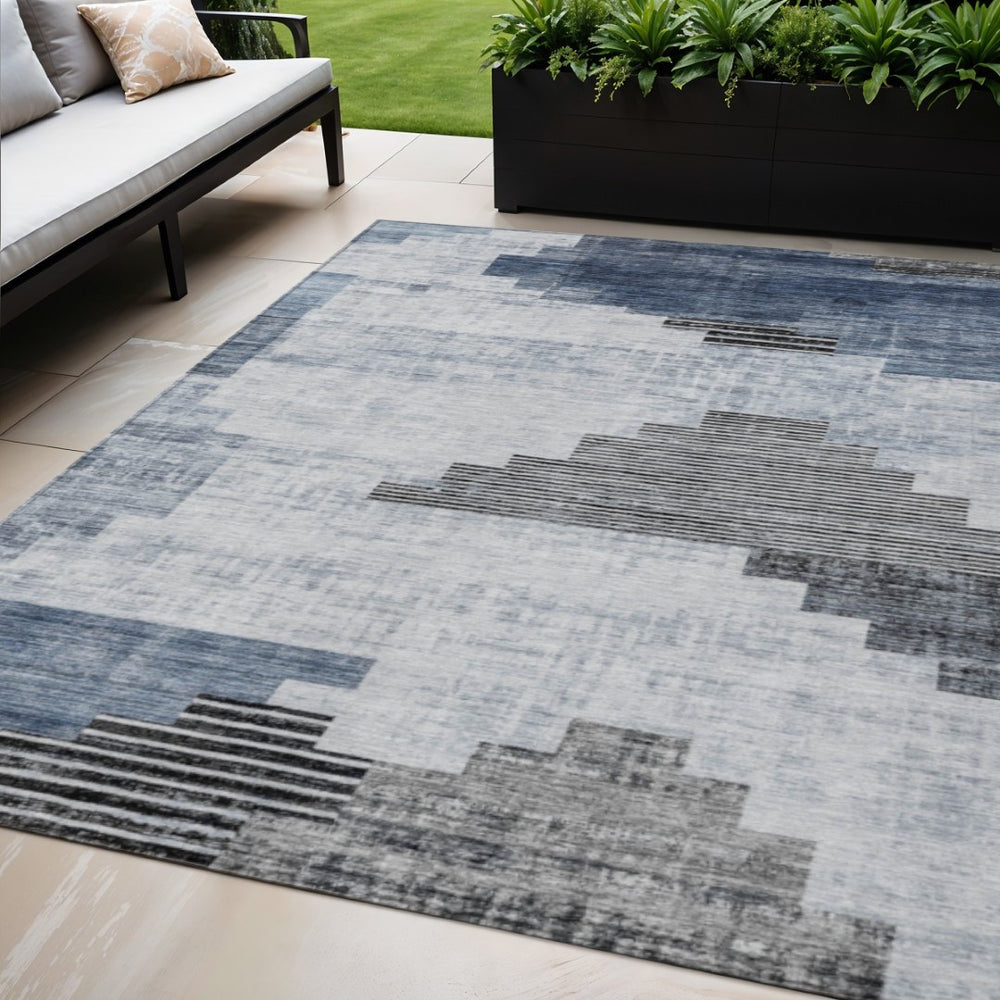 HomeRoots 5' X 8' Stylish Blue Ivory Charcoal Geometric Washable Rug for Indoor & Outdoor Versatility 621911