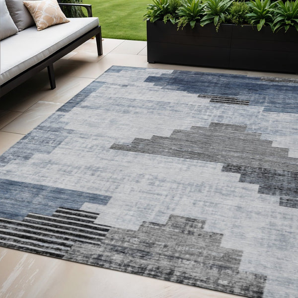 HomeRoots 5' X 8' Stylish Blue Ivory Charcoal Geometric Washable Rug for Indoor & Outdoor Versatility 621911