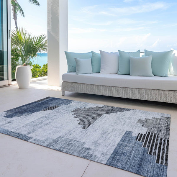 HomeRoots 5' X 8' Stylish Blue Ivory Charcoal Geometric Washable Rug for Indoor & Outdoor Versatility 621911