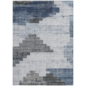 HomeRoots 5' X 8' Stylish Blue Ivory Charcoal Geometric Washable Rug for Indoor & Outdoor Versatility 621911