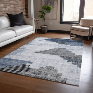 HomeRoots 5' X 8' Stylish Blue Ivory Charcoal Geometric Washable Rug for Indoor & Outdoor Versatility 621911