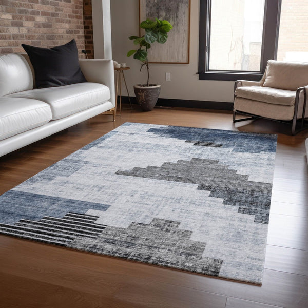 HomeRoots 5' X 8' Stylish Blue Ivory Charcoal Geometric Washable Rug for Indoor & Outdoor Versatility 621911