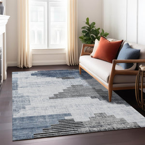 HomeRoots 5' X 8' Stylish Blue Ivory Charcoal Geometric Washable Rug for Indoor & Outdoor Versatility 621911