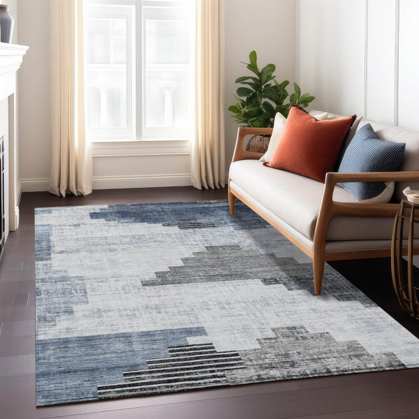 HomeRoots 5' X 8' Stylish Blue Ivory Charcoal Geometric Washable Rug for Indoor & Outdoor Versatility 621911
