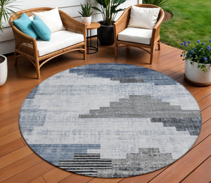 HomeRoots 8' Blue Ivory and Charcoal Round Geometric Rug - Stylish, Washable Indoor/Outdoor Area Essential 621912