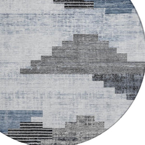 HomeRoots 8' Blue Ivory and Charcoal Round Geometric Rug - Stylish, Washable Indoor/Outdoor Area Essential 621912