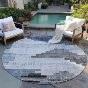 HomeRoots 8' Blue Ivory and Charcoal Round Geometric Rug - Stylish, Washable Indoor/Outdoor Area Essential 621912