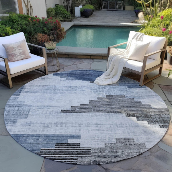 HomeRoots 8' Blue Ivory and Charcoal Round Geometric Rug - Stylish, Washable Indoor/Outdoor Area Essential 621912