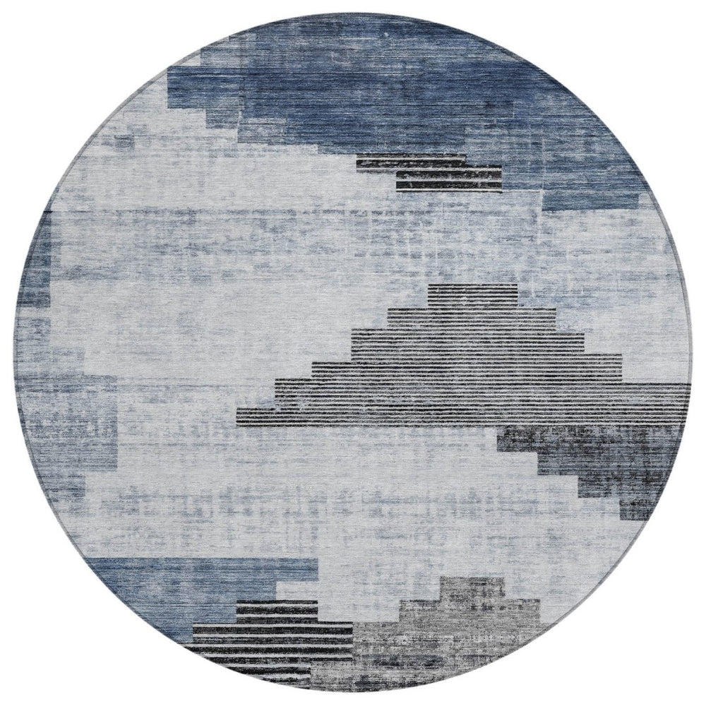 HomeRoots 8' Blue Ivory and Charcoal Round Geometric Rug - Stylish, Washable Indoor/Outdoor Area Essential 621912
