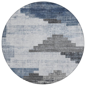 HomeRoots 8' Blue Ivory and Charcoal Round Geometric Rug - Stylish, Washable Indoor/Outdoor Area Essential 621912