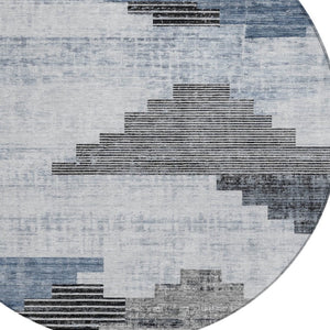 HomeRoots 8' Blue Ivory and Charcoal Round Geometric Rug - Stylish, Washable Indoor/Outdoor Area Essential 621912