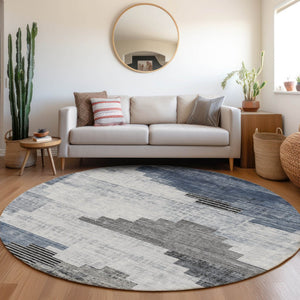 HomeRoots 8' Blue Ivory and Charcoal Round Geometric Rug - Stylish, Washable Indoor/Outdoor Area Essential 621912