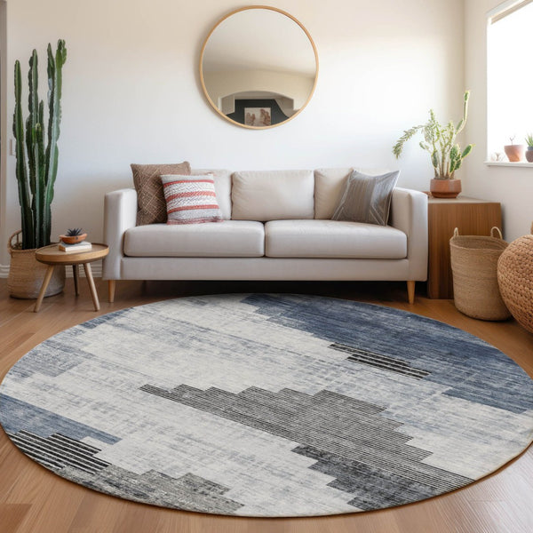 HomeRoots 8' Blue Ivory and Charcoal Round Geometric Rug - Stylish, Washable Indoor/Outdoor Area Essential 621912