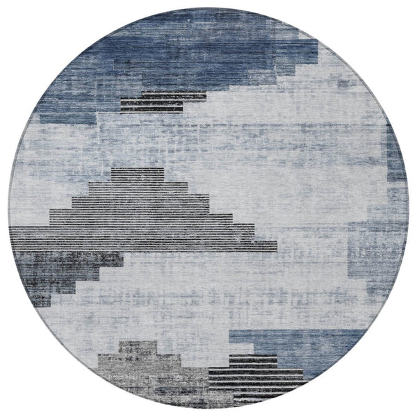 HomeRoots 8' Blue Ivory and Charcoal Round Geometric Rug - Stylish, Washable Indoor/Outdoor Area Essential 621912