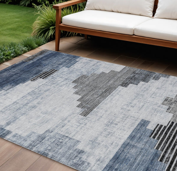 HomeRoots 10' Geometric Washable Indoor-Outdoor Area Rug in Blue, Ivory & Charcoal for Stylish Durability 621915