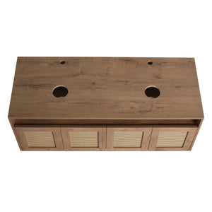English Elm 48" Imitative Oak Wall Mounted Bathroom Vanity with Ceramic Art Sink, Plywood, 4 Soft-Close Doors, Modern Float Design W999S00399