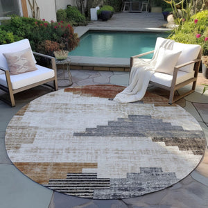 HomeRoots 8' Round Geometric Washable Area Rug in Rust, Ivory & Charcoal - Perfect for Indoor & Outdoor Spaces! 621924