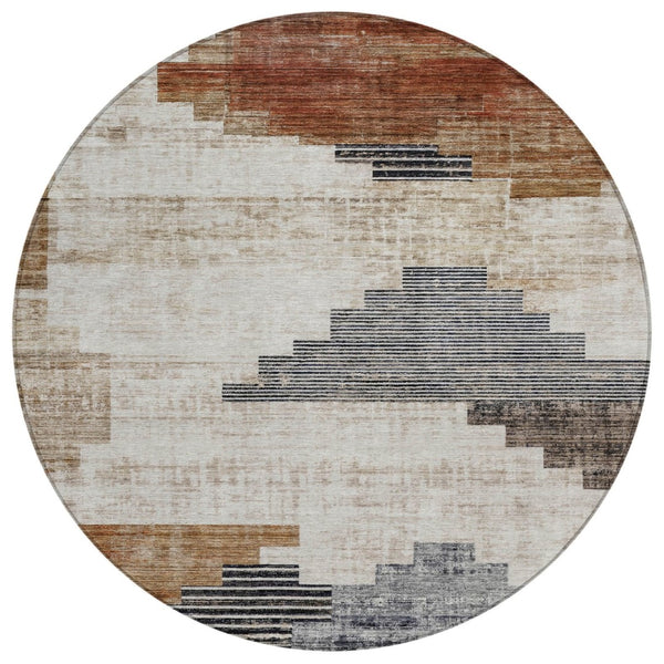 HomeRoots 8' Round Geometric Washable Area Rug in Rust, Ivory & Charcoal - Perfect for Indoor & Outdoor Spaces! 621924