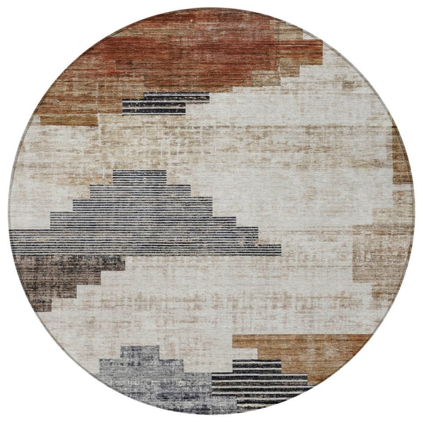 HomeRoots 8' Round Geometric Washable Area Rug in Rust, Ivory & Charcoal - Perfect for Indoor & Outdoor Spaces! 621924