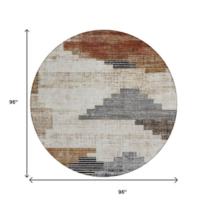 HomeRoots 8' Round Geometric Washable Area Rug in Rust, Ivory & Charcoal - Perfect for Indoor & Outdoor Spaces! 621924