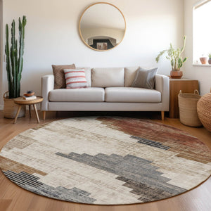 HomeRoots 8' Round Geometric Washable Area Rug in Rust, Ivory & Charcoal - Perfect for Indoor & Outdoor Spaces! 621924
