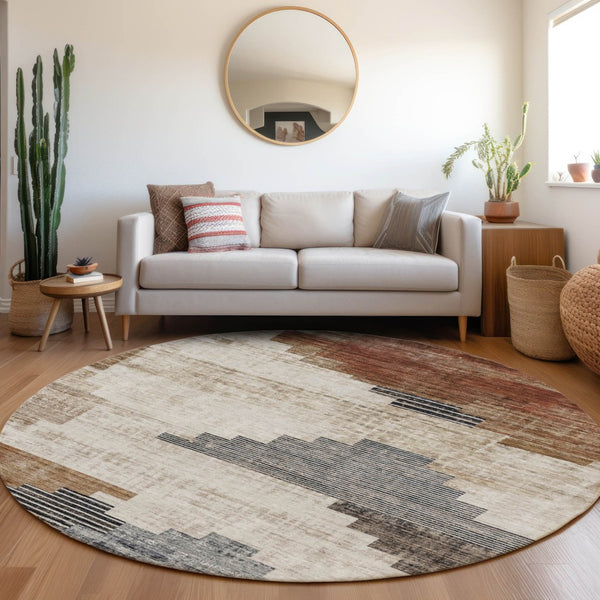 HomeRoots 8' Round Geometric Washable Area Rug in Rust, Ivory & Charcoal - Perfect for Indoor & Outdoor Spaces! 621924