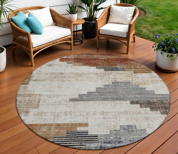 HomeRoots 8' Round Geometric Washable Area Rug in Rust, Ivory & Charcoal - Perfect for Indoor & Outdoor Spaces! 621924