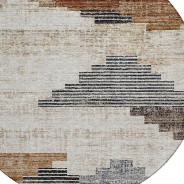 HomeRoots 8' Round Geometric Washable Area Rug in Rust, Ivory & Charcoal - Perfect for Indoor & Outdoor Spaces! 621924