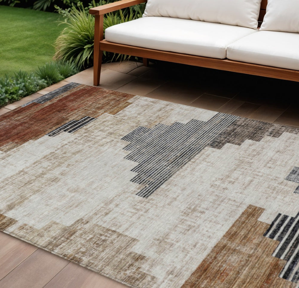 HomeRoots 8' X 10' Geometric Washable Area Rug in Rust, Ivory & Charcoal – Indoor/Outdoor Durability & Style! 621925