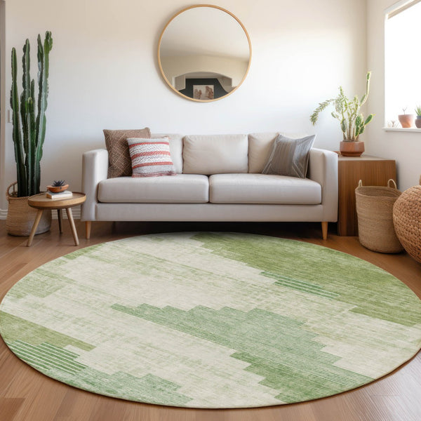 HomeRoots 8' Stylish Sage Ivory and Olive Green Geometric Round Washable Indoor Outdoor Area Rug for Versatile Spaces 621930