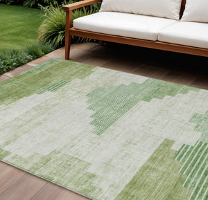 HomeRoots 9' X 12' Modern Sage Ivory Olive Green Geometric Rug - Washable, Durable for Indoor & Outdoor Use 621932