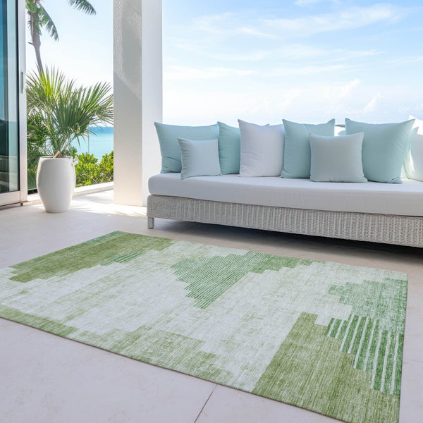 HomeRoots 9' X 12' Modern Sage Ivory Olive Green Geometric Rug - Washable, Durable for Indoor & Outdoor Use 621932