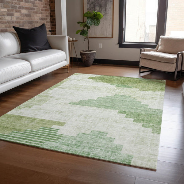 HomeRoots 9' X 12' Modern Sage Ivory Olive Green Geometric Rug - Washable, Durable for Indoor & Outdoor Use 621932