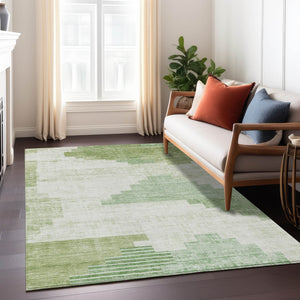 HomeRoots 9' X 12' Modern Sage Ivory Olive Green Geometric Rug - Washable, Durable for Indoor & Outdoor Use 621932