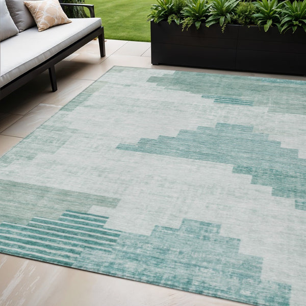 HomeRoots 5' X 8' Teal Blue Aqua Ivory Geometric Rug - Durable, Washable Indoor/Outdoor Area Rug for Style & Function 621935