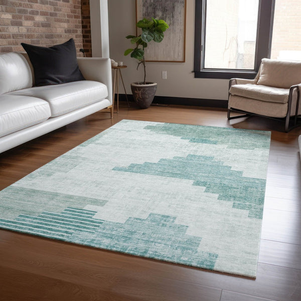 HomeRoots 5' X 8' Teal Blue Aqua Ivory Geometric Rug - Durable, Washable Indoor/Outdoor Area Rug for Style & Function 621935