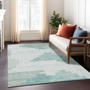 HomeRoots 5' X 8' Teal Blue Aqua Ivory Geometric Rug - Durable, Washable Indoor/Outdoor Area Rug for Style & Function 621935