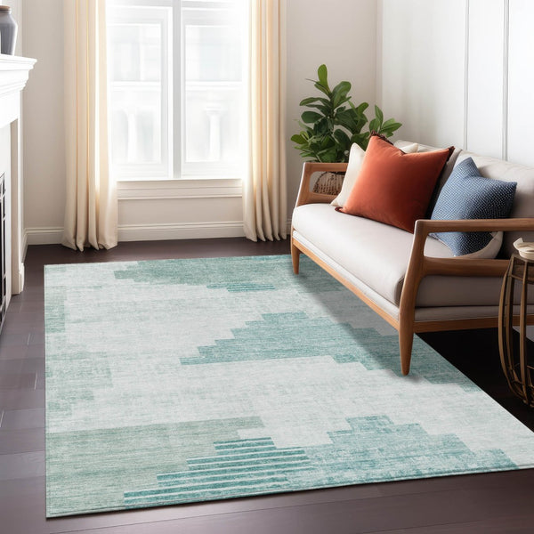 HomeRoots 5' X 8' Teal Blue Aqua Ivory Geometric Rug - Durable, Washable Indoor/Outdoor Area Rug for Style & Function 621935