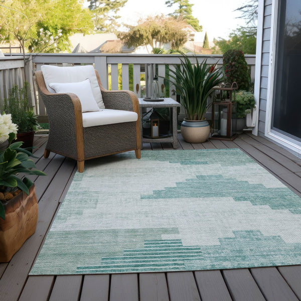 HomeRoots 5' X 8' Teal Blue Aqua Ivory Geometric Rug - Durable, Washable Indoor/Outdoor Area Rug for Style & Function 621935