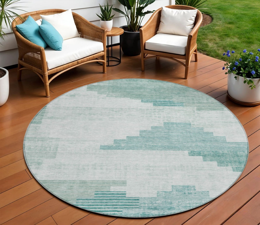 HomeRoots 8' Teal Blue Aqua Geometric Area Rug - Washable, Durable, Stylish for Indoor & Outdoor Spaces 621936