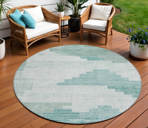 HomeRoots 8' Teal Blue Aqua Geometric Area Rug - Washable, Durable, Stylish for Indoor & Outdoor Spaces 621936