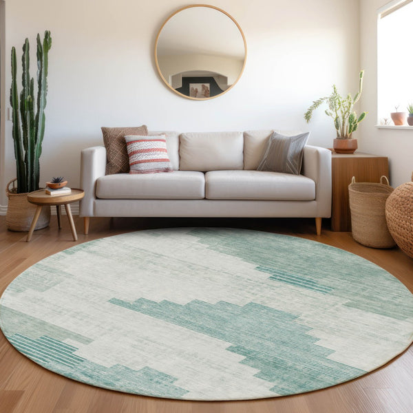 HomeRoots 8' Teal Blue Aqua Geometric Area Rug - Washable, Durable, Stylish for Indoor & Outdoor Spaces 621936