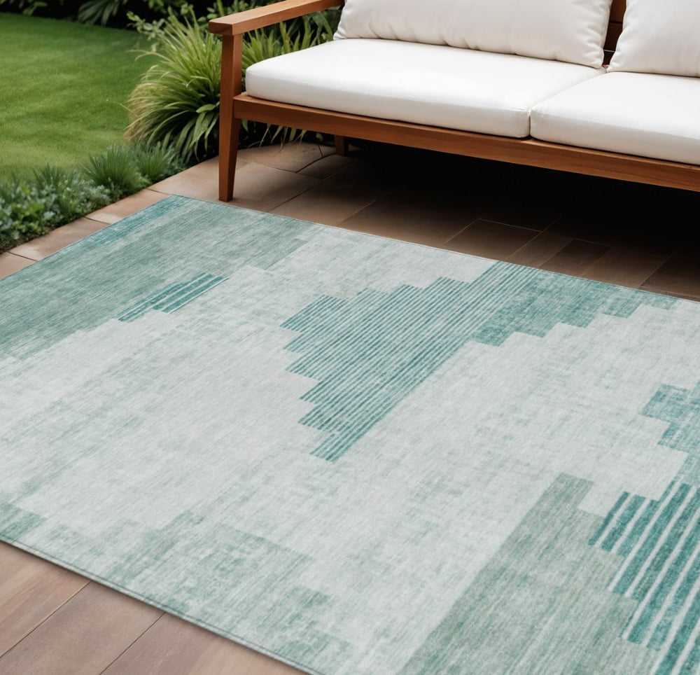 HomeRoots 10' X 14' Teal Blue Geometric Area Rug – Washable, Durable, Indoor/Outdoor, Stylish & Easy Care! 621939