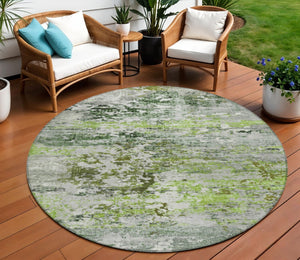 HomeRoots 8' Round Abstract Area Rug in Artichoke Green, Ivory & Gray - Durable, Washable for Indoor/Outdoor Use 621942