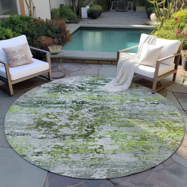 HomeRoots 8' Round Abstract Area Rug in Artichoke Green, Ivory & Gray - Durable, Washable for Indoor/Outdoor Use 621942