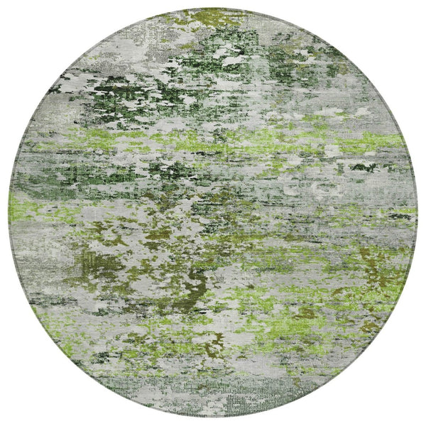 HomeRoots 8' Round Abstract Area Rug in Artichoke Green, Ivory & Gray - Durable, Washable for Indoor/Outdoor Use 621942