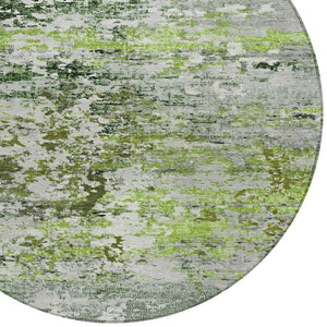 HomeRoots 8' Round Abstract Area Rug in Artichoke Green, Ivory & Gray - Durable, Washable for Indoor/Outdoor Use 621942